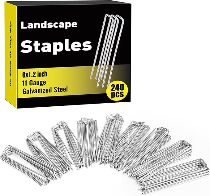 HongWay 240 Pack 6 Inch Landscape Staples, Garden Stakes, Galvanized Heavy Duty 11 Gauge Tent Stakes, SOD Landscaping Fabric Pins, Yard Ground Lawn Staples for Plant Covers, Turf, Fences, Grass Decoration