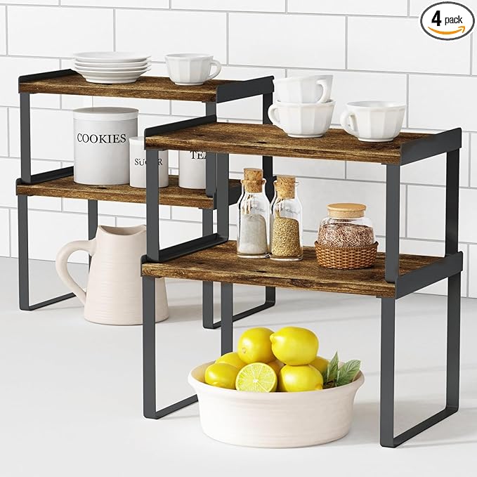 Goozii Kitchen Cabinet Organizers and Storage Shelves, Rustic Farmhouse Desk Shelf Riser for Cabinets, Black Expandable Corner Glasses Medicine Cabinet Organizer under Bathroom Sink - Set of 4