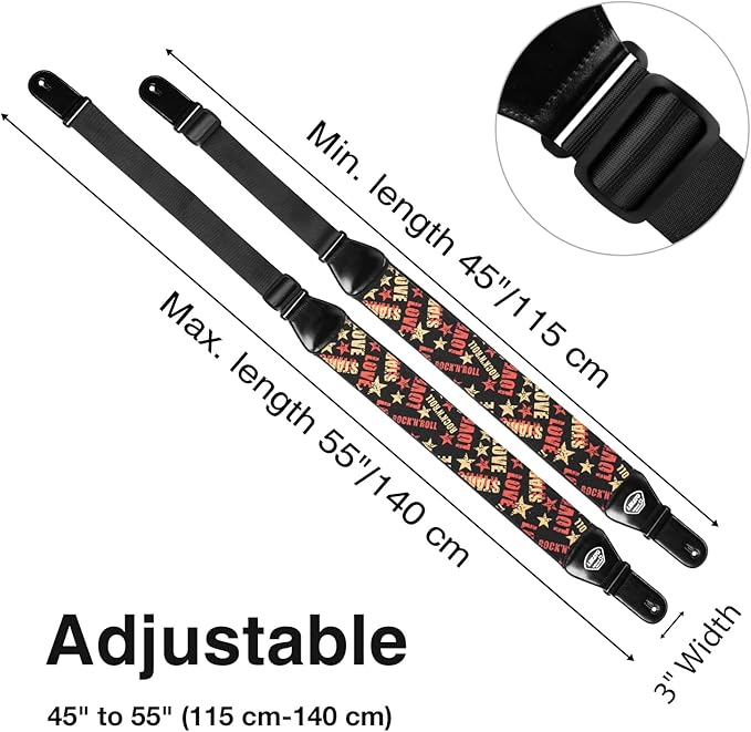 LEKATO Guitar Bass Strap for Electric Guitar Bass, 3" Wide Padded Guitar Strap Neoprene Pad with 3D Sponge Filling Adjustable Length from 45" to 55" with Strap Locks, Picks, Love Stars