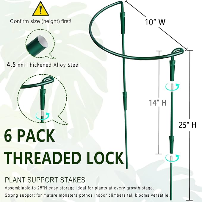 Soupiar 6 Pack Threaded Lock Metal Plant Support Stakes - 25" H Tall Peony Cage, Reusable Detachable Garden Ring for Hydrangea/Rose Bush/Potted Flowers, Indoor Outdoor Heavy Duty (10" W)