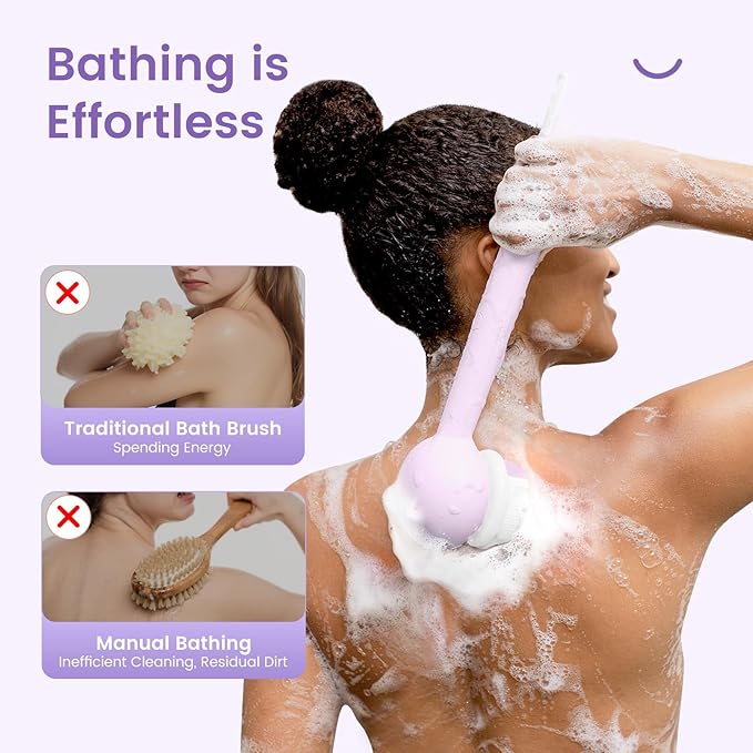 Electric Back Scrubber for Shower Body Brush, Waterproof Shower Body Scrubber for Cleansing, Massaging, Rechargeable Bath Brush for Kids & Adults with 2 Heads & 3 Speed Modes, Taro Purple XY0