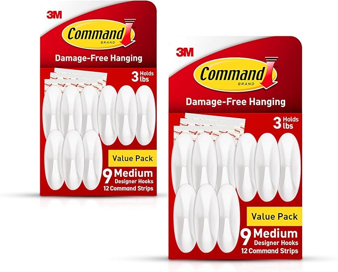 Command Medium Designer Hooks, Damage Free Hanging Wall Hooks with Adhesive Strips, No Tools Wall Hooks for Hanging Decorations in Living Spaces, 18 White Hooks and 24 Command Strips