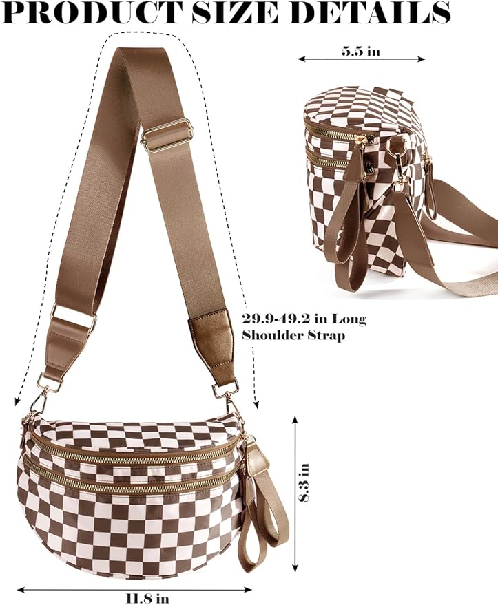 Black and White Checkered Crossbody Bag Bum Bag for Women, Spacious Checkered Purse Fanny Packs Belt Bag