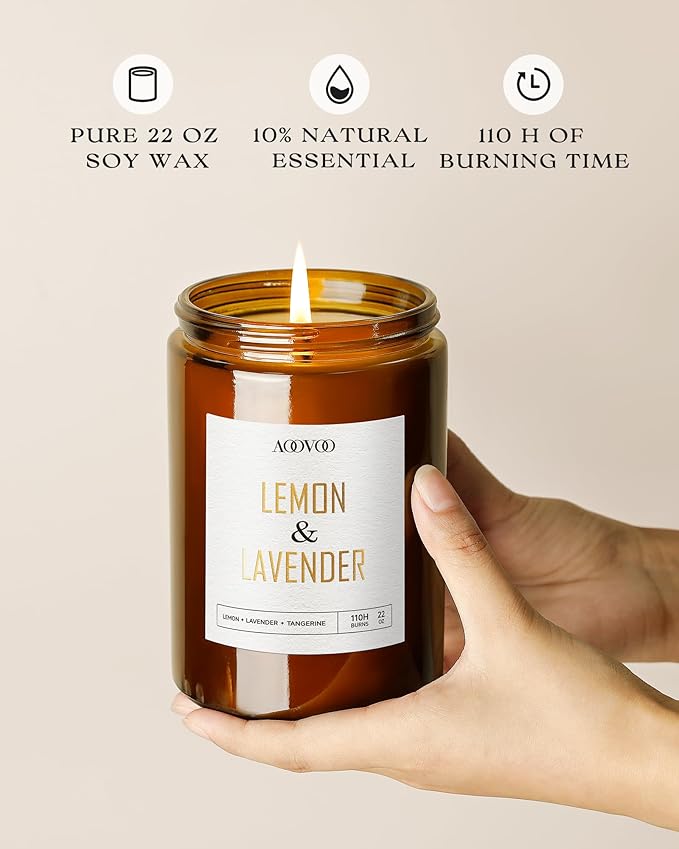 AOOVOO Lemon Lavender Scented Candle - Lavender Candle, Scented Candles, Soy Candles for Home 22 oz