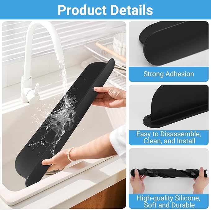 AIZOE 19.29 inch Sink Water Splash Guard, Silicone Sink Splash Guard, Backsplash Protector for Kitchen Countertop & Bathroom Bathtub with Non-Slip Strong Suction, Black, Pack of 2