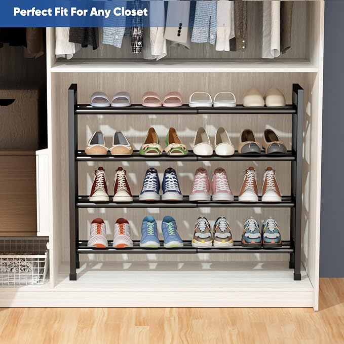 Abiglifty 4-Tier Expandable Shoe Rack,17"-33" Adjustable Shoe Rack for Closet,Metal Shoes Shelves for Front Door Entrance, Garage & Corridor, Free Standing Shoe Holders, Easy to Assemble,Black