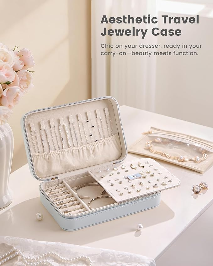 Lolalet Travel Jewelry Case for Women Girls, Travel Jewelry Organizer with Clear Storage Bag Small Portable Jewelry Box for Necklace Bracelet Earring Ring Valentine's Bridesmaid Gifts -Large/Blue