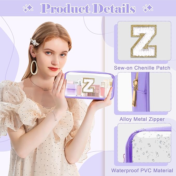 Personalized Initial Letter Clear Makeup Bag, Preppy Small Nylon & PVC Cosmetic Zipper Bag with Chenille Letter, Travel Skincare Toiletry Bag, Monogram Christmas Gift for Teen Girls Women