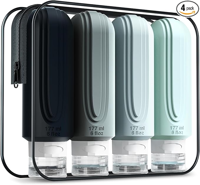 Mrsdry Travel Bottles for Toiletries, Large 6oz Oversize Containers, BPA Free Leak Proof Tubs Refillable Liquid Traveler Accessories with Toiletry Bag for Cosmetic Shampoo and Lotion Soap (4 Pack)