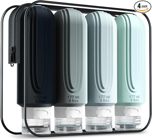 Mrsdry Travel Bottles for Toiletries, Large 6oz Oversize Containers, BPA Free Leak Proof Tubs Refillable Liquid Traveler Accessories with Toiletry Bag for Cometic Shampoo and Lotion Soap (4 Pack)