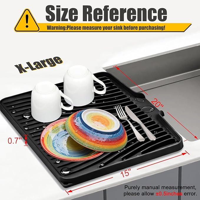 TIKNIK Silicone Dish Drying Mat, Stone Drying Mat for Kitchen Counter with Built-In Drain, Non-Slip Drain Pad with Built-in Drain, Heat Resistant Stone Drying Mat, 1Pcs Black(20" x 15")