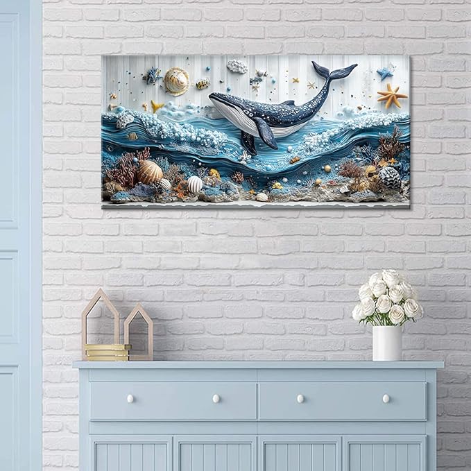 ZESTRILIA Ocean Whale Wall Art for Kids Room Navy Blue Marine Organism Underwater World under the Sea Canvas Painting Prints Artwork Family Living Bedroom Decor Large (46x23 Inches)