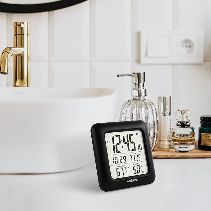 KADAMS Bathroom Clock 9.5" Kitchen Wall Clock with Large LCD Screen – Shower Clock with Suction Cup,Temperature, Humidity, Calendar – Water-Resistant, 4 Mounting Options, Black