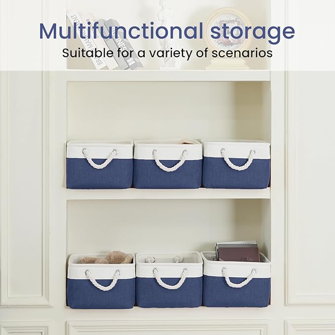 VQRTEXA Storage Baskets for Shelves 13.8x9.8x6.7 Inch, Foldable Fabric Storage Bins with Handles, Small Storage Baskets for Organizing Closet, Bathroom, Office, Home Organization (3-Pack, White&Blue)