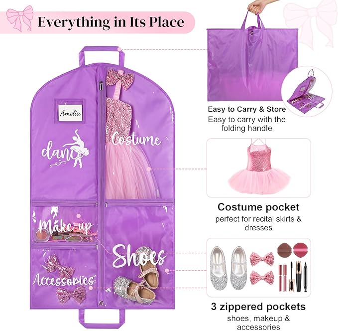 DEEKA Dance Garment Bag for Hanging Clothes with Zipper Pockets Dance Accessories Essentials Uniform Costume 40 Inch Dress Bags for Dance Competition Girls (Purple, White-Dance)