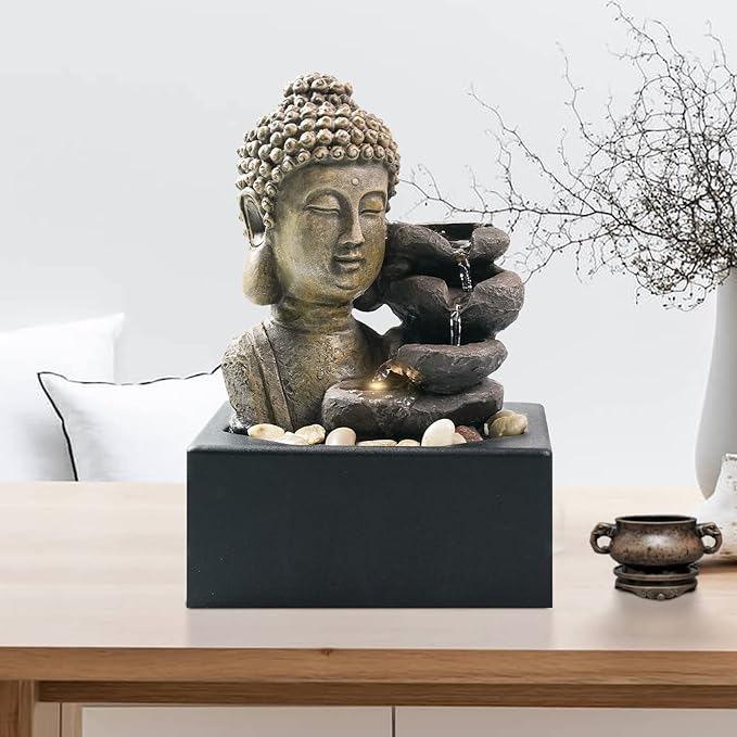 Ferrisland Tabletop Waterfall Fountain Indoor - Buddha Water Fountains 4-Tier Tabletop Waterfall of Zen Meditation Buddha Fountain with LED Warm Light for Office Home and Bedroom Desktop Decor