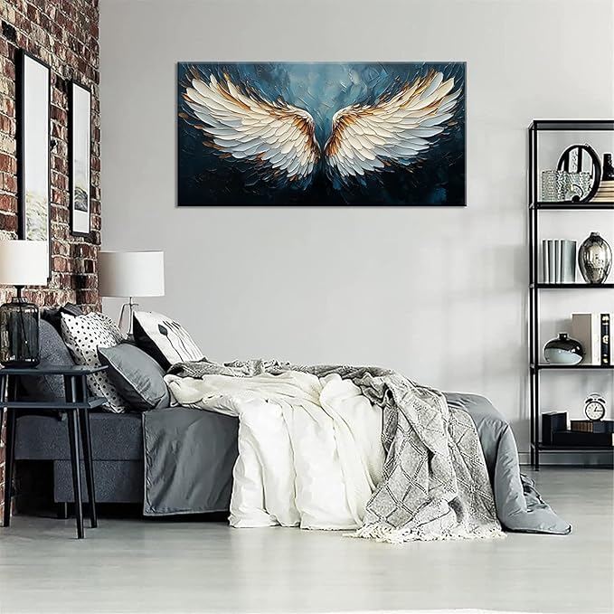 ZESTRILIA Angel Wings Wall Art Blue Oil Painting Reproduction Print Modern Abstract Canvas Paintings Waterproof Artwork Picture for Living Room Bedroom Home Office Kitchen Décor (28x58inch)