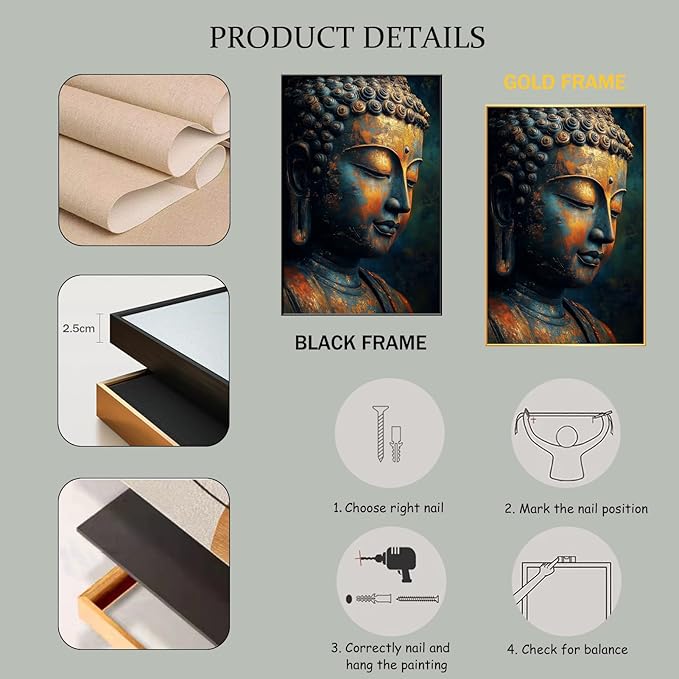 Buddha Statue Canvas Art, Zen Meditation Décor, Framed Print for Bedroom, Yoga Room, and Living Room (Gold Framed, 15"x24"|40x60cm)