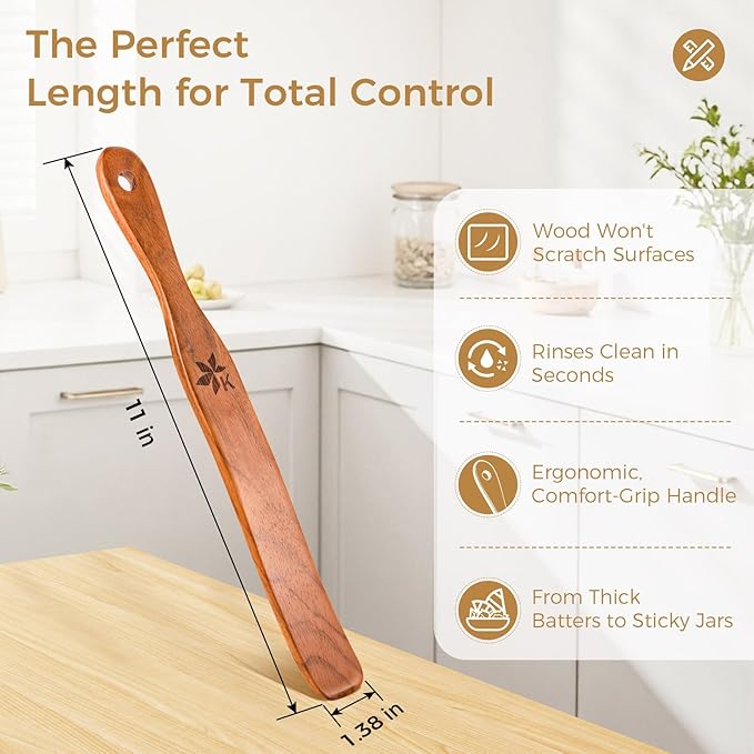 2 Pack Spurtle for Sourdough Starter, Danish Dough Whisk and Jar Spatula, Solid Teak Wood for Mixing, Scraping Jars and Bread Making Tools, Wooden Kitchen Utensils for Non-Stick Cookware