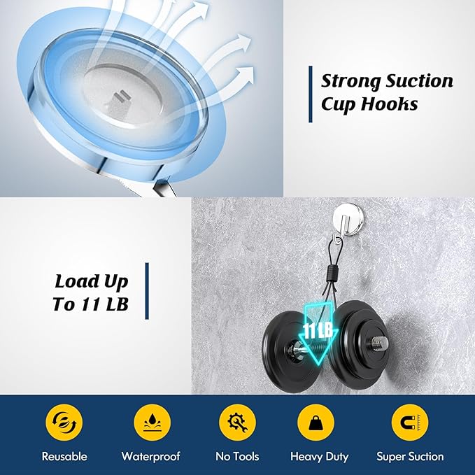 Suction Cup Hooks for Shower, Shower Hooks Mounting on Glass Doors, Tile, Mirrors, Metals,Hook for Hanging Towels, Robe, Loofah, Jackets-Chrome(2 Pack)