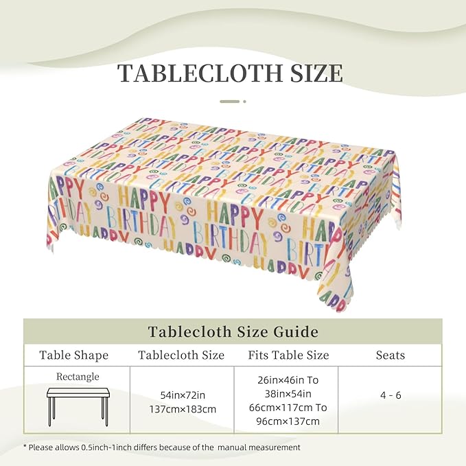 VIMPEYDON Happy Birthday Colorful Table Cloth for Dining Tables, Reusable Watercolor Happy Birthday Tablecloths Holiday Beige Tabletop Decoration Rectangle Table Cover for Kitchen, Party, Picnic, 54x72In