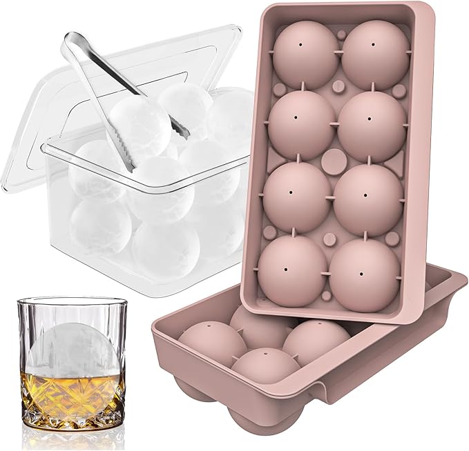 WIBIMEN Large Ice Cube Molds, Big Round Whiskey Ice Cube Trays for Freezer, Easy to Fill & Release, Whiskey Bourbon Cocktail (2.5In*8 Balls - Pink/2 Pack)