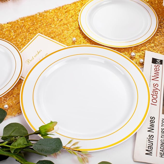FLOWERCAT 60PCS Gold Plastic Plates - Heavy Duty White and Gold Plastic Plates Disposable for New Year Party/Wedding - Include 30PCS 10.25" Dinner Plates and 30PCS 7.5" Dessert Plates
