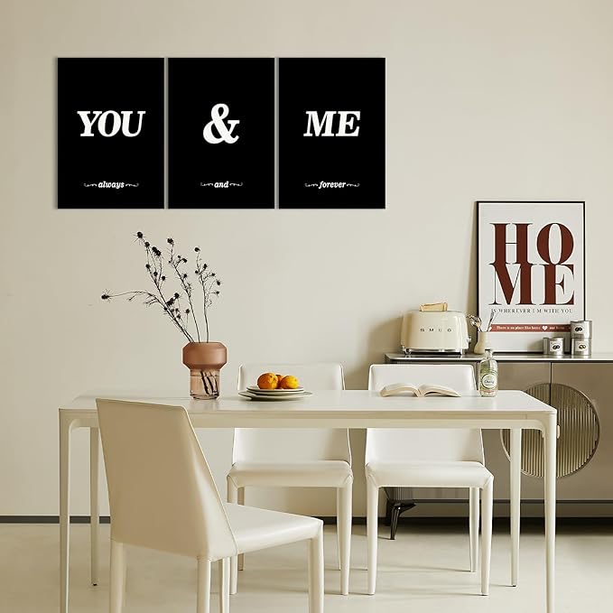 KAWAHONE 3 Pieces Black White You and Me Word Canvas Poster,Modern Lover Style Wall Art for Living Room Bedroom Home Decor