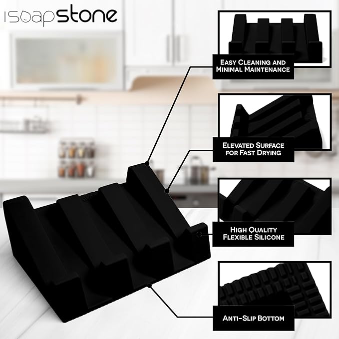 iSoapStone Silicone Soap Dish (USA Patented) Self Draining Bar Soap Holder for Shower Bathroom Sink, Drying Soap Dish Tray Sponge Holder Easy Cleaning Soap Saver Travel Accessories (Black, 1)