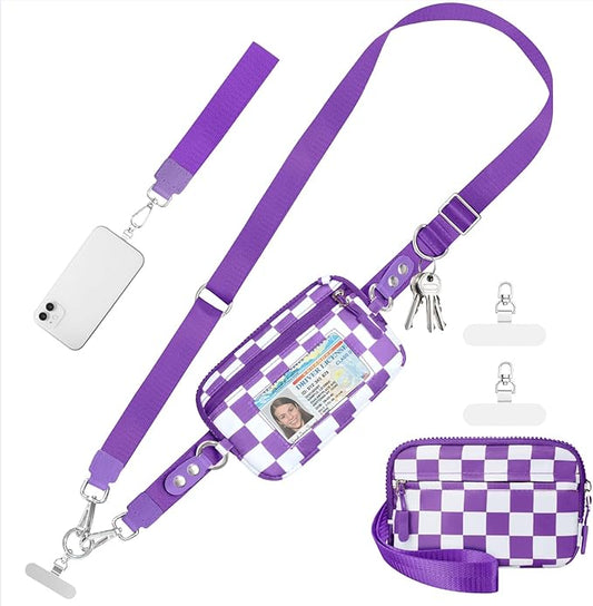 Clip and Go Strap for Phone with Wallet Crossbody Phone Lanyard and Detachable Checkered Bag with ID Window and RFID Pouch for Daily Travel.