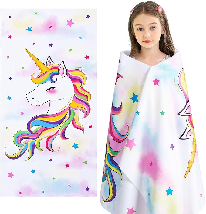 WERNNSAI Unicorn Beach Towel for Girls - 30” x 60” Kids Sand Free Swim Towels for Girls Bath Pool Camping Travel Towel Quick Dry Ultra Absorbent Super Soft Beach Blanket Bath Shower Towel
