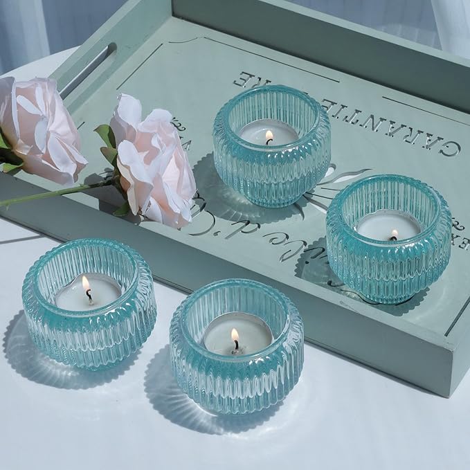 Woho Light Blue Candlesick Holders Set of 4 for Taper Candles, Ribbed Glass Candle Stick Holder Decor for Wedding Table Centerpiece, Reversible Taper Candle Holders Vintage for Baby Shower/Home Decor