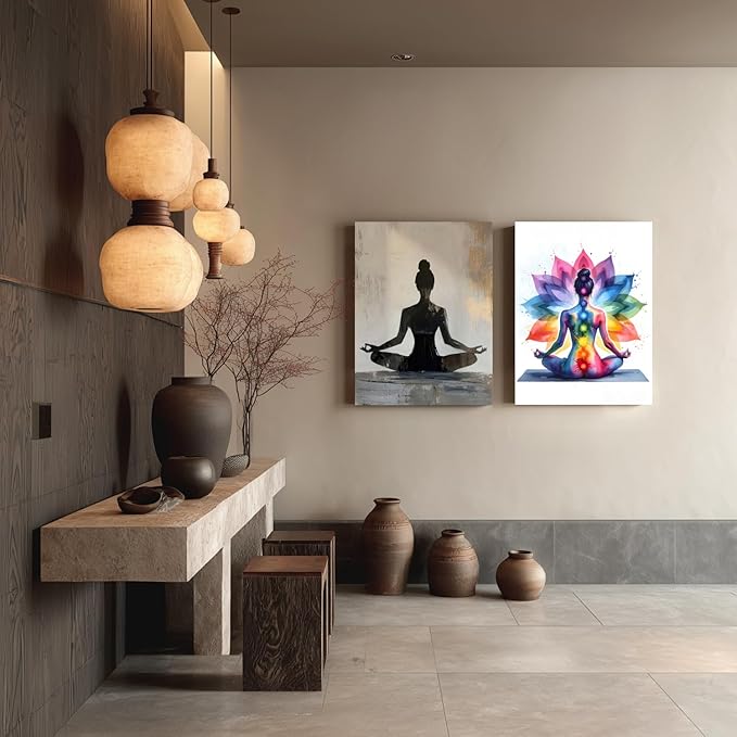 GELDSTEI Framed Zen Wall Art, Chakra Yoga Wall Decor, Colorful Meditation Poster Print, Spiritual Canvas Painting, Vibrant Meditating Woman Aesthetic Picture for Living Room Yoga Studio 16"x24"