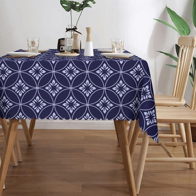VIMPEYDON Indigo Circles Flower Table Cloth for Dining Tables, Reusable Blue White Abstract Floral Tablecloths Tabletop Decoration Rectangle Table Cover for Kitchen, Party, Holiday, 54x72 Inch