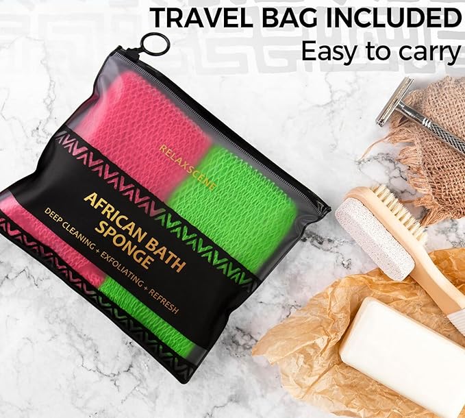 African Net Sponge Authentic - 2 Pieces Exfoliating Body Scrubber Bath Sponge Camellia&Green- Back Scrubber Washcloth for Shower - Real African Scrub Exfoliator Body Care Bathing Accessorie