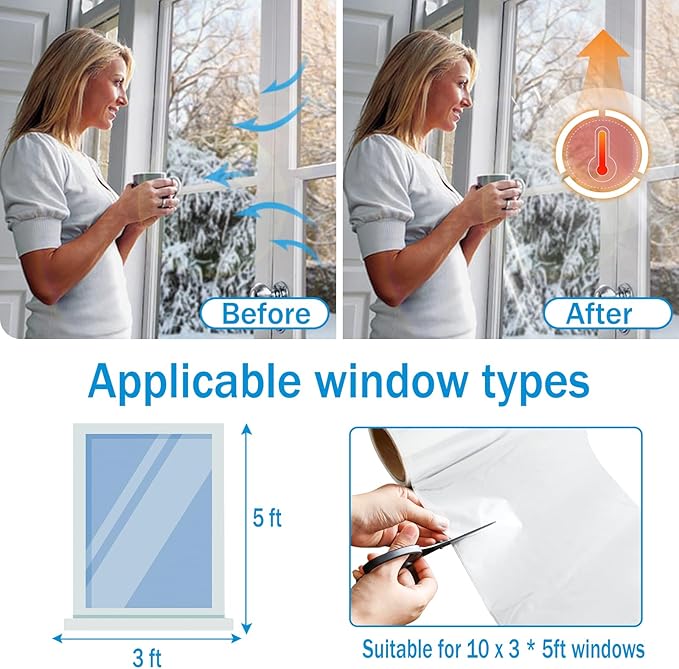 Window Insulation Kit, 63 × 394 Inch Plastic Window Covering for Winter, Window Insulation Film Window Wrap Insulation Windows Winterizing Kit with Double-Sided Tape for 10 Pcs 3 x 5 Ft Windows