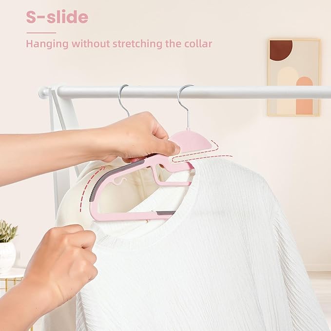 BAGAIL Plastic Hangers 50 Pack with Non-Slip Design, 0.2 Inches Thick, 360° Swivel Hook Space Saving Organizer for Bedroom Closet, Shirts, Pants (Pink - S-Shaped)