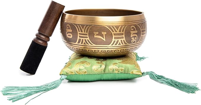 Tibetan Singing Bowl Set - Easy To Play Authentic Handcrafted For Meditation Sound Bowl Chakra Yoga Healing 4 Inches By Himalayan Bazaar (Gold & Green)