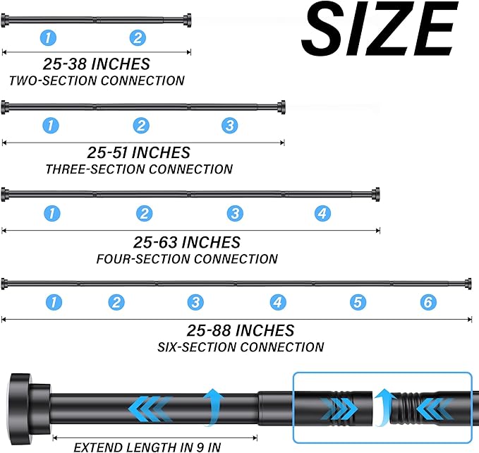 Suranew 25-38" Black Heavy Duty Spring Tension Shower Curtain Rod, No Drill Stainless Steel Rust-Resistant Adjustable Bathroom/Closet Rod with Non-Slip Pads