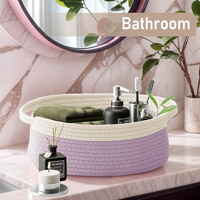 Woven Basket, Small Rope Storage Bin with Handles & Ribbon Bag, Organizer for Shelves Closets, Empty Gift Basket for Birthday, Books, Dog Toys, White & Purple/3 Pack