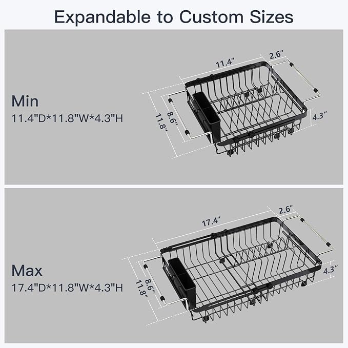 MAJALiS Small Expandable Over The Sink Dish Drying Rack Drainer In Stainless Steel Metal For Kitchen, Counter Space Saving Compact Plate Dryer Strainer Adjustable Hanging Inside Sink Wire Drain Holder