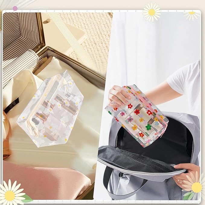 6 Pcs PVC Flower Toiletries Bags with Zipper Plastic Floral Cosmetic Organizer Empty Daisy Pattern Shower Bags Portable Zippered Makeup Pouches for Travel Beach Vacation Bathroom