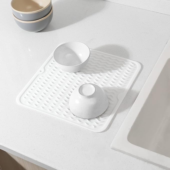 MicoYang Silicone Dish Drying Mat for Multiple Usage,Easy clean,Eco-friendly,Heat-resistant Silicone Mat for Kitchen Counter or Sink,Refrigerator or Drawer liner White M 12 inches x 12 inches