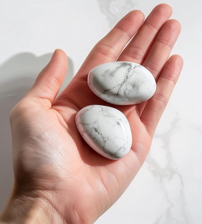 Polished Howlite Crystal Stones - 2 Pcs of 1.2" Worry Stone for Anxiety, Pocket Palm Stone Super Large Handpicked Natural Tumbled Gemstones for Meditation, Reiki, Chakra Healing, Home Decor