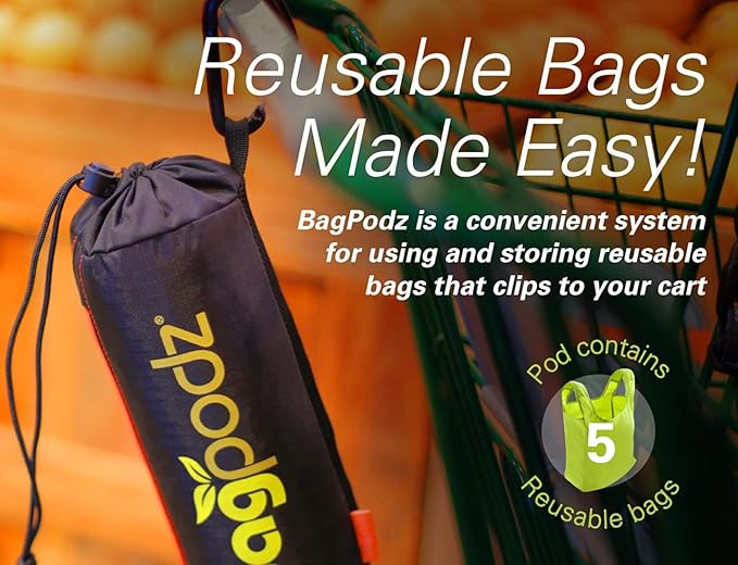 Sturdy Reusable Grocery Bags, Foldable and Washable - Made from Ripstop Nylon, Holds 50lbs - Designed in USA - Reusable Shopping Bags Inside a Compact Pod with Carry Clip - 5 Pack in Green