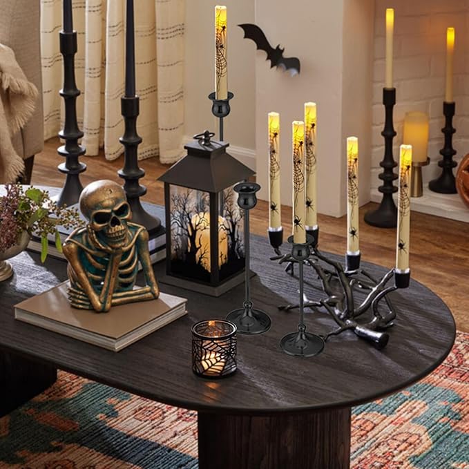 Metal Candle Holder Taper Candlestick Holders for Candle Sticks Vintage Candelabra for Halloween Thanksgiving Christmas (Matt Black, 2 Sets (6 pcs))