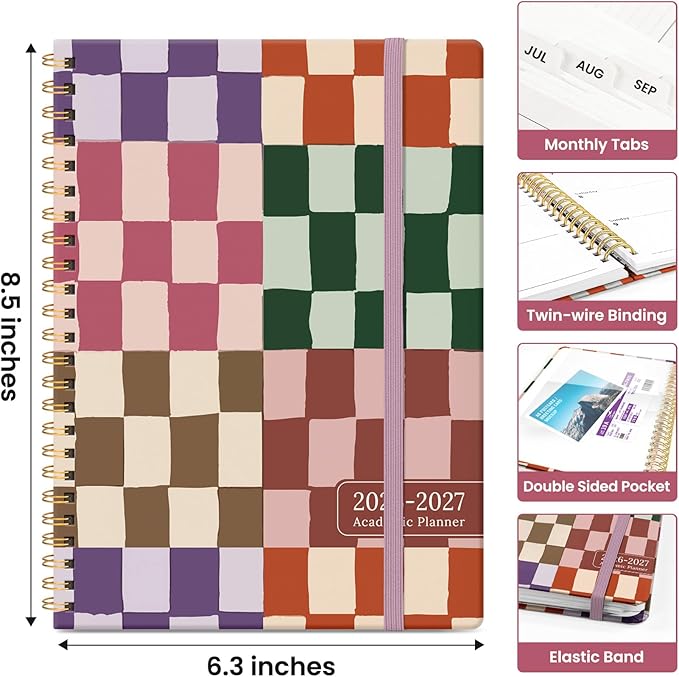 Planner 2026-2027, Academic Year Monthly and Weekly Calendar Planner, Jul 2026 - Jun 2027, Hardcover Teacher Student Planning Agenda book with Tabs, Perfect for School Office Supplies, 6.3" x 8.5" - Checkered