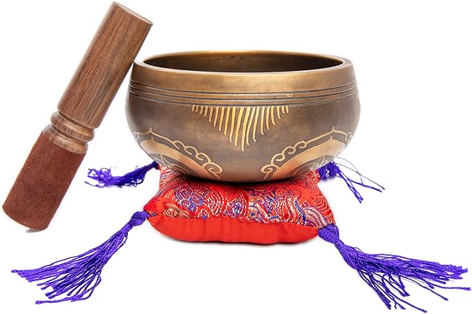 Tibetan Singing Bowl Set - Easy To Play Authentic Handcrafted For Meditation Sound Chakra Yoga Healing 4 Inches By Himalayan Bazaar (Brown and Maroon)