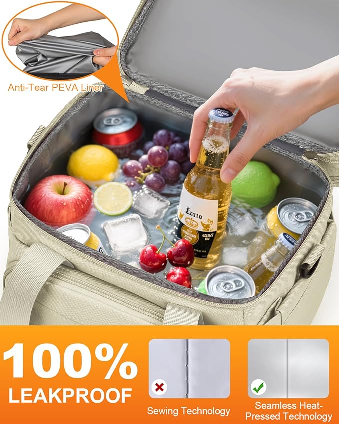 Pritent Lunch Box For Men Women Double Deck Insulated Lunch Bag For Men Woman Leakproof Expandable Cooler Bag with Adjustable Shoulder Strap for Kids Shool Work Picnic Camping(Beige,Large)