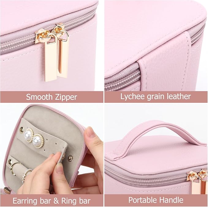 DesignSter Small Jewelry Box, Travel Small Jewelry Organizer with Earring Tray and Ring Holder, Square Travel Jewelry Storage Case with 6 Velvet Jewelry Pouches, Pink